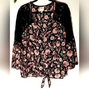 KnoX Rose Paisley Boho  Flared Floral Lace Open Front Knot Blouse Sz 2XL